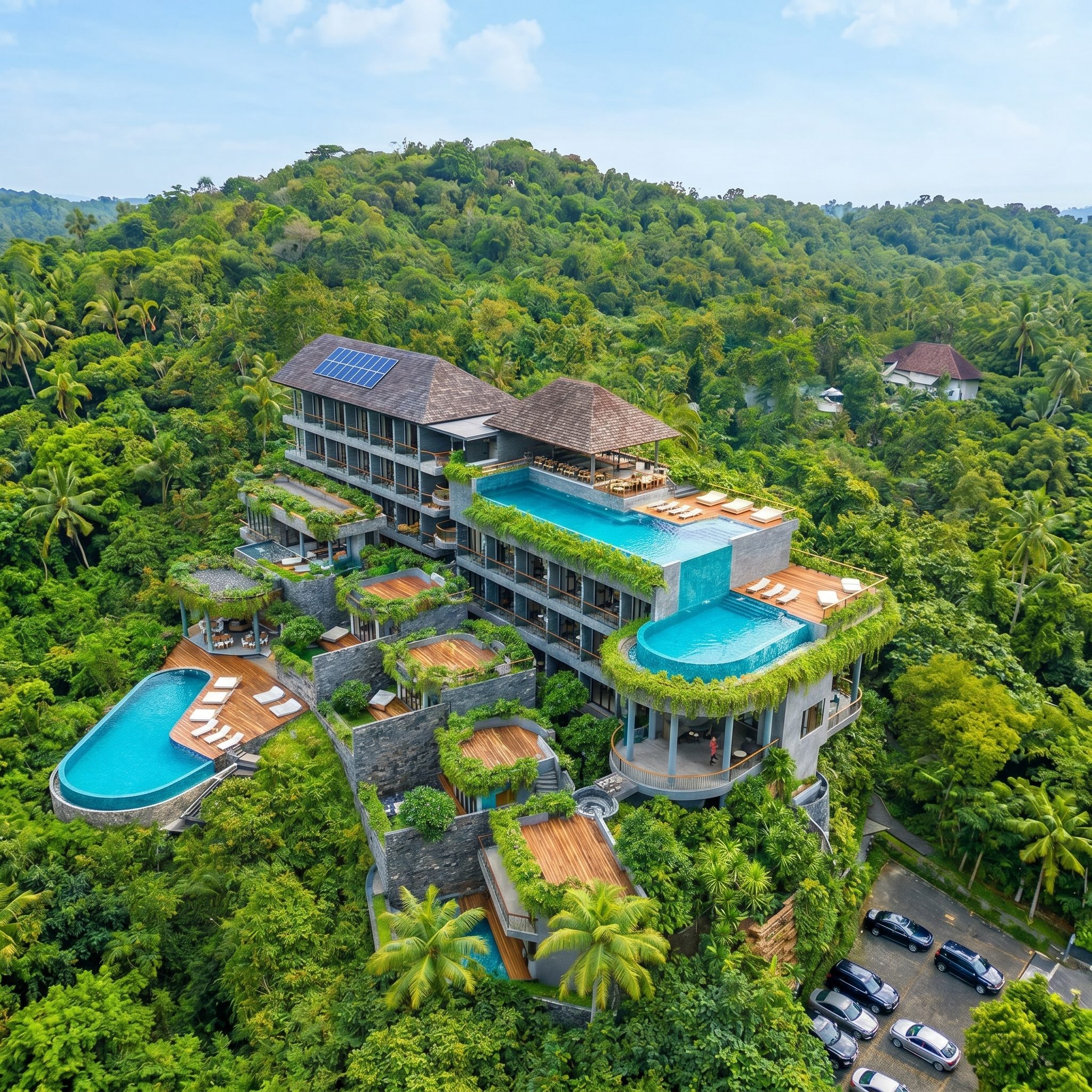 Aerial view of Lipah Hills Resort at golden hour, hillside above Lipah Beach in Amed, East Bali